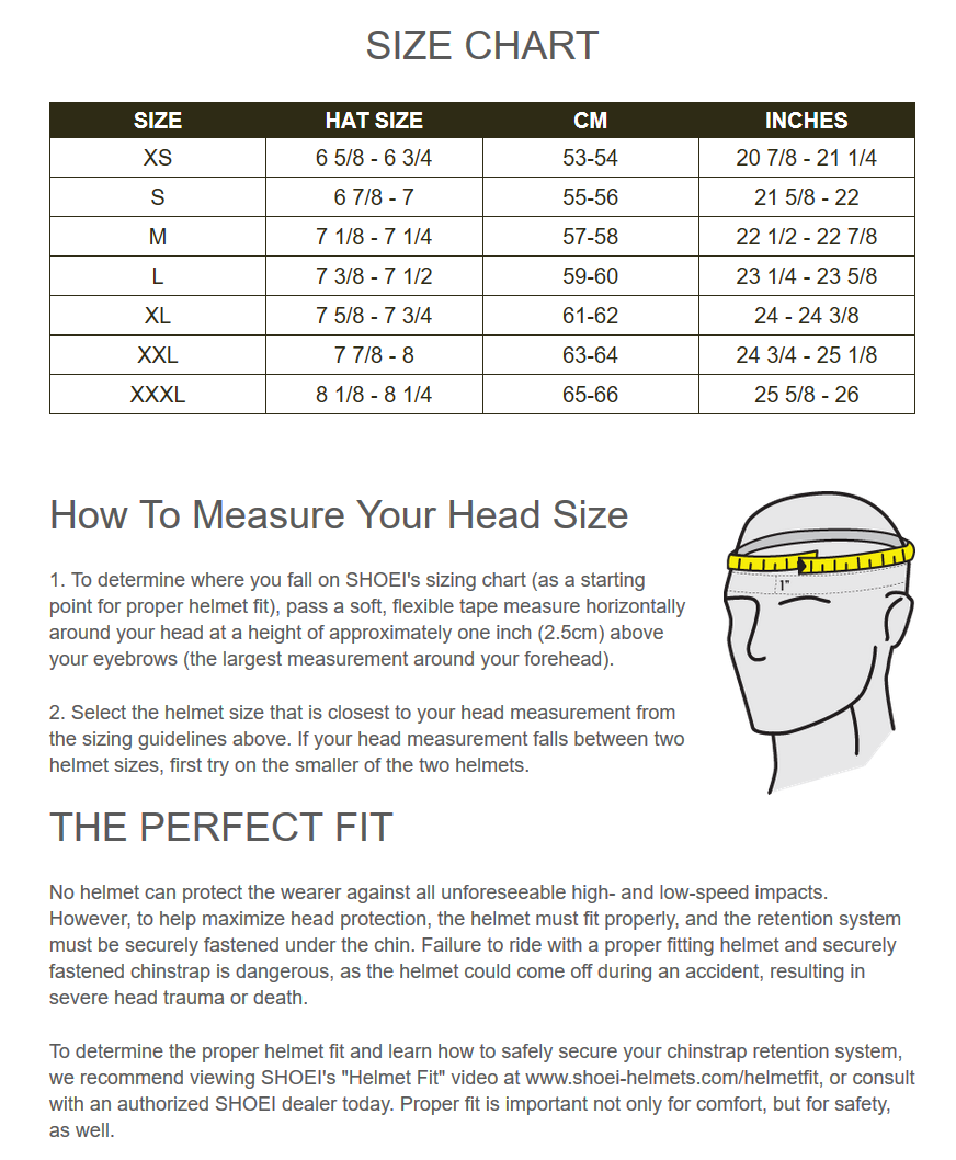 Sizing Chart for Shoei Helmets